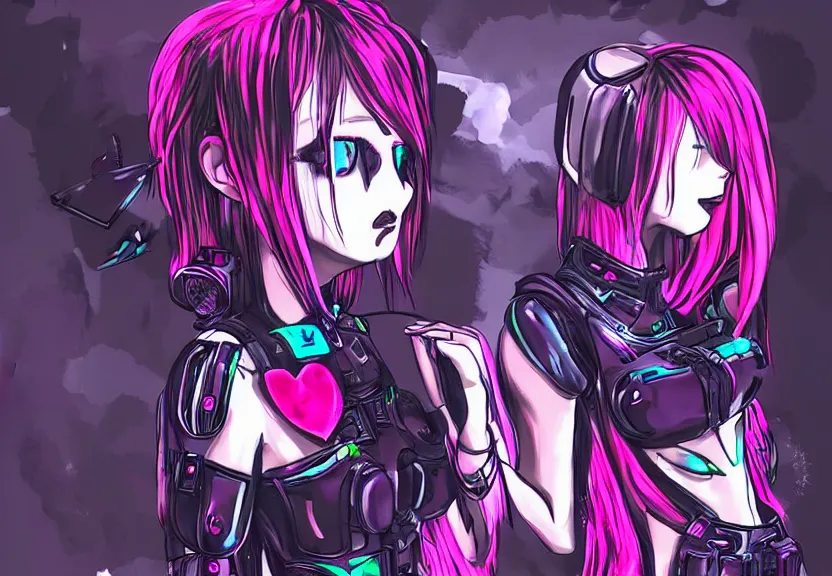 Image similar to little android girl with eccentric pink haircut wearing black feather dress, cyberpunk, anime style artwork, dark, neon, anatomically perfect