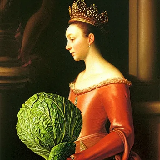 Prompt: a queen gazing at a cabbage, oil painting