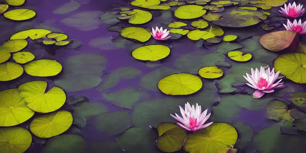 Image similar to A hand holding a water lily, night dramatic lighting, blue, yellow and purple tones, wide camera angle, matte painting, trending on ArtStation, concept art, delightful surroundings, high detail, sharp contrast, ray tracing, picturesque artwork by Mike Winkelmann, artwork by Ridley Scott, 4K, 8K, super graphically realistic detailed, high definition, HDR