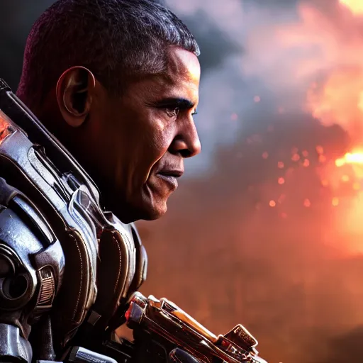 Prompt: barrack obama in gears of war battlefield 5, splash art, movie still, cinematic lighting, dramatic, octane render, long lens, shallow depth of field, bokeh, anamorphic lens flare, 8 k, hyper detailed, 3 5 mm film grain