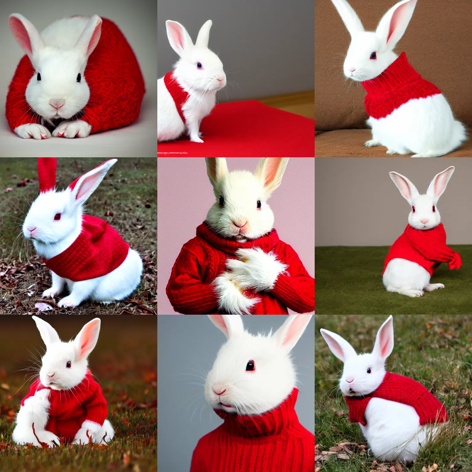 Prompt: albino rabbit in a red sweater.
