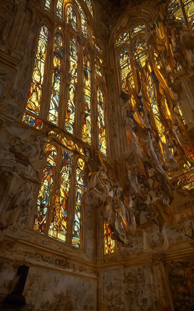 Prompt: cinematic shot, Stained glass, john singer sargent, atmospheric, highly detailed, heavenly dramatic lighting, very realistic, cinematic lighting, volumetric lighting, photographic,8K.