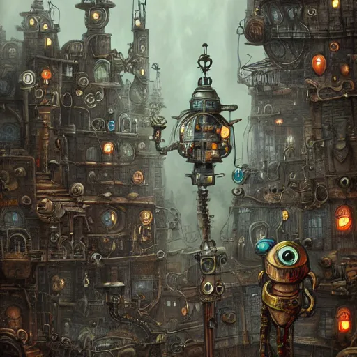 Image similar to machinarium city, steampunk style, fantasy style, super high detail, super high quality, talented artist, trending on artstation