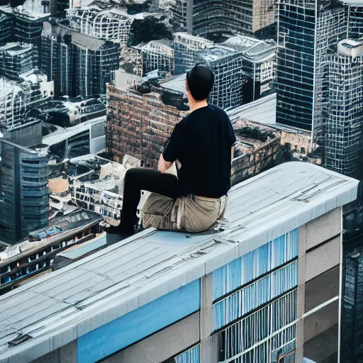 Prompt: a man sitting on the edge of a tall building. just observing