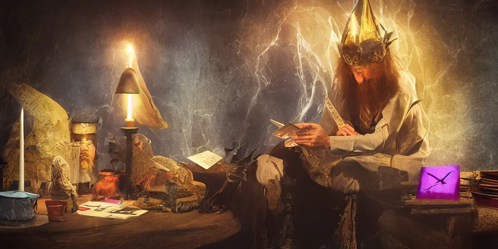 Image similar to wizard performing a tarot reading, cards, fantasy, digital art, soft lighting, 8 k