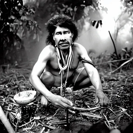 Prompt: Portrait of an Amazon indigenous tribe leader preparing a tarantula over a campfire in the middle of an ominous jungle, 1980s photography