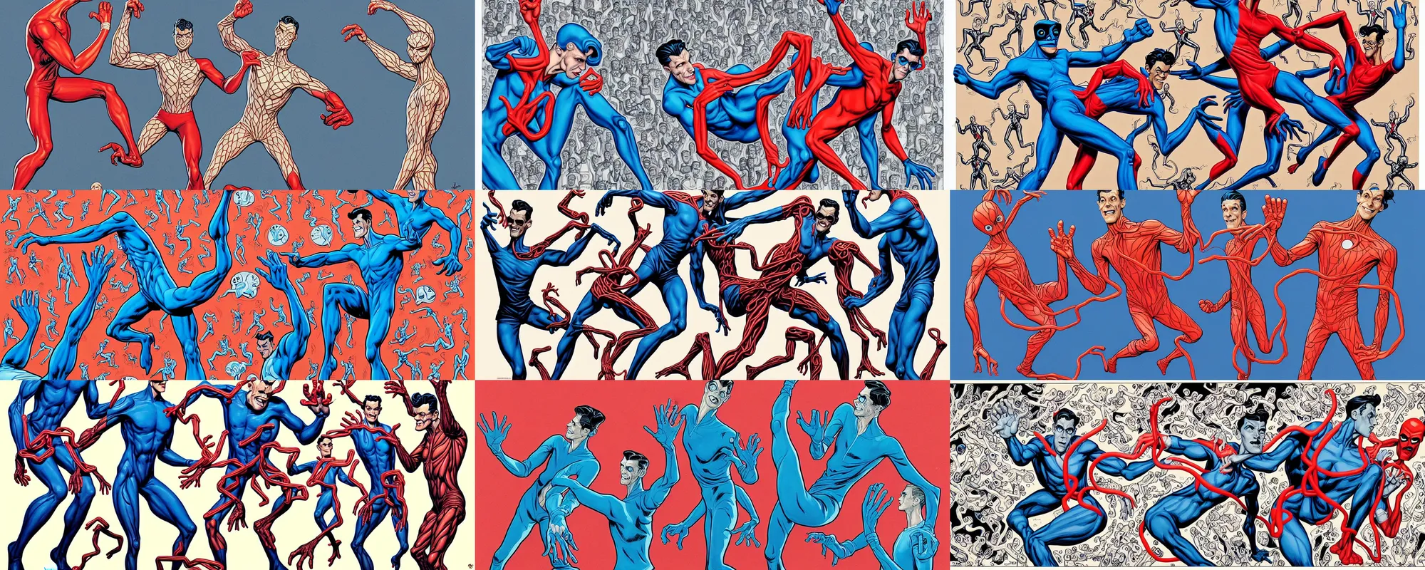 Prompt: mr. fantastic and plastic man showing off their weird limbs illustrated by james jean with very long hands and arms and fingers and legs and feet twirling and twisting around