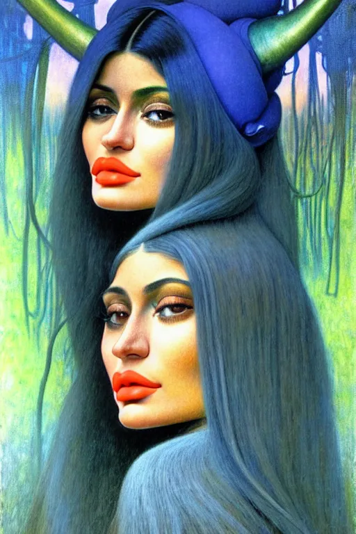 Image similar to realistic detailed face portrait painting of the beautiful kylie jenner with long hair with sci-fi headwear, futuristic sci-fi forest on background by Jean Delville, Amano, Yves Tanguy, Alphonse Mucha, Edward Robert Hughes, Roger Dean, moebus, hilma AF klint rich moody colours, blue eyes