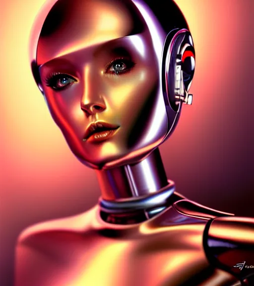 Image similar to portrait of female chrome robot by hagime sorayama realistic, professionally, professionally color graded, intricate, elegant, highly detailed, centered, digital painting, artstation, concept art, smooth, sharp focus, illustration,