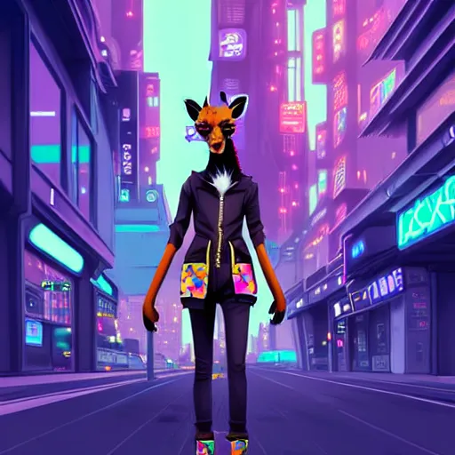 Image similar to beautiful furry digital art portrait commission of an androgynous furry anthro giraffe fursona wearing punk clothes in the streets of a cyberpunk city. neon signs. character design by charlie bowater, ross tran, artgerm, and makoto shinkai