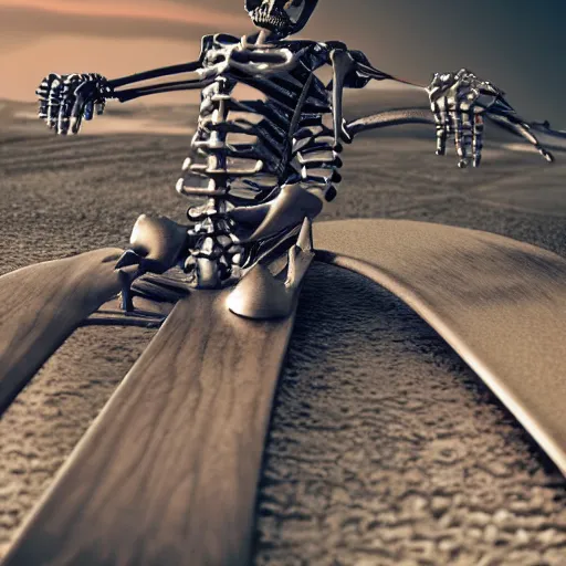 Prompt: steampunk skeleton riding a surfboard 4k hd