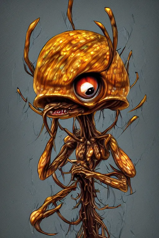 Image similar to a humanoid figure mushroom monster with large amber eyes, highly detailed, digital art, sharp focus, trending on art station, plant, anime art style