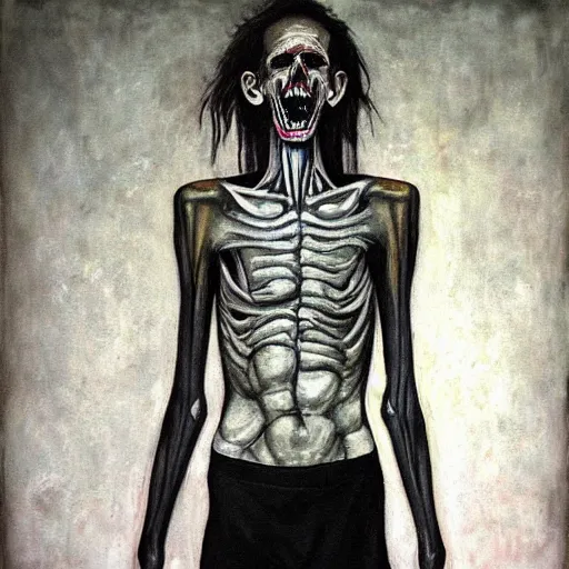 Prompt: death-camp-survivor-super-skinny-emaciated-horribly-skinny-Laughing-Painfully-at-himself painting by Thomas-Montacellinio