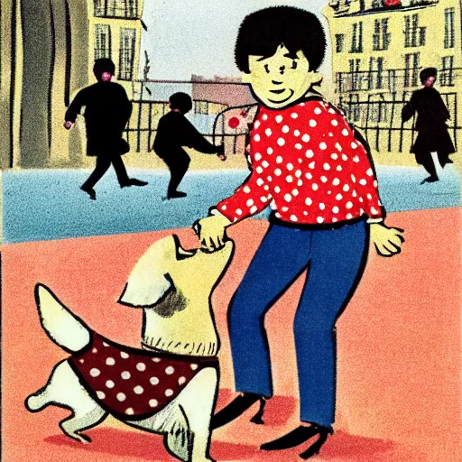 Image similar to book illustration of a french boy on the streets of paris playing football against a corgi, the dog is wearing a polka dot scarf, 1 9 6 6