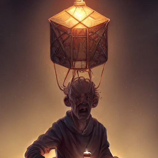 Prompt: A man inside of a brain trying to find a way out and holding a lantern, fantasy, realistic artwork, trending on artstation, very coherent symmetrical