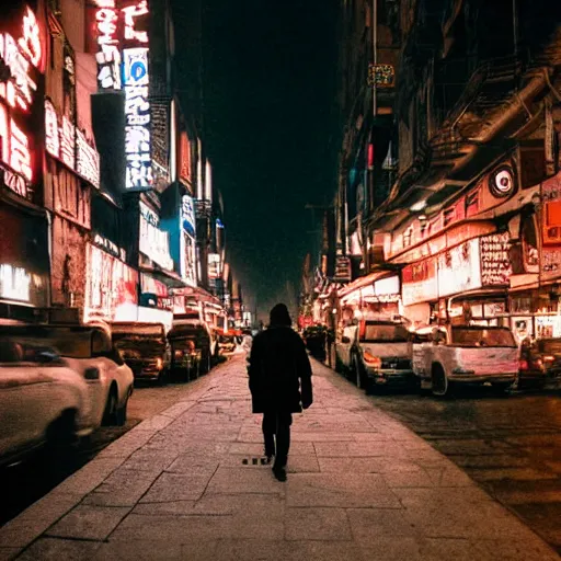 Prompt: jon snow walking on the sidewalk in a cyberpunk city late at night, wide - angle, photographed on colour expired film, detailed photograph