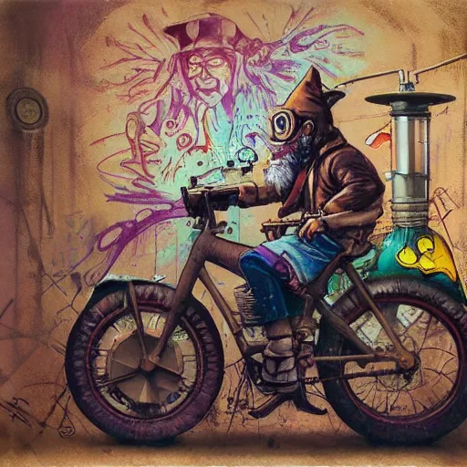 Image similar to Graffiti Spraypaint A gnome gnome riding a steampunk automaton clockwork golem golem jim lambie anato finnstark james gurney norman rockwell greg rutkowski basquiat alberto sughi tombow