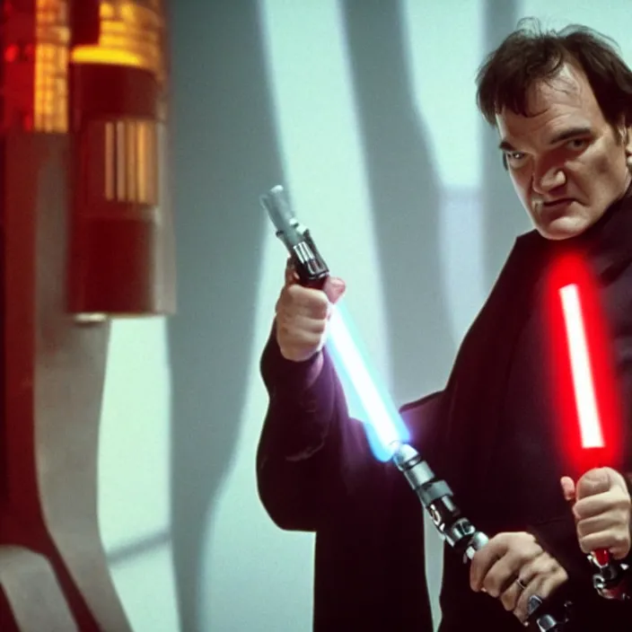 Image similar to quentin tarantino raising a lightsaber, giving thumbs up. without characters. black background. cinematic trailer format.