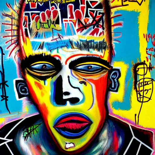 Image similar to detailed neo expressionism chaotic oil painting of sad boy rapper depressed with tattoos by basquiat