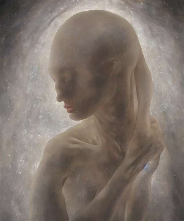 Image similar to Beautiful full-body wax sculpture of glowing transparent woman with visible bones covered with melted white candle wax inside the singularity where stars becoming baroque folds of dark matter by Michelangelo da Caravaggio, Nicola Samori, William Blake, Alex Grey and Beksinski, dramatic volumetric lighting, highly detailed oil painting, 8k, masterpiece