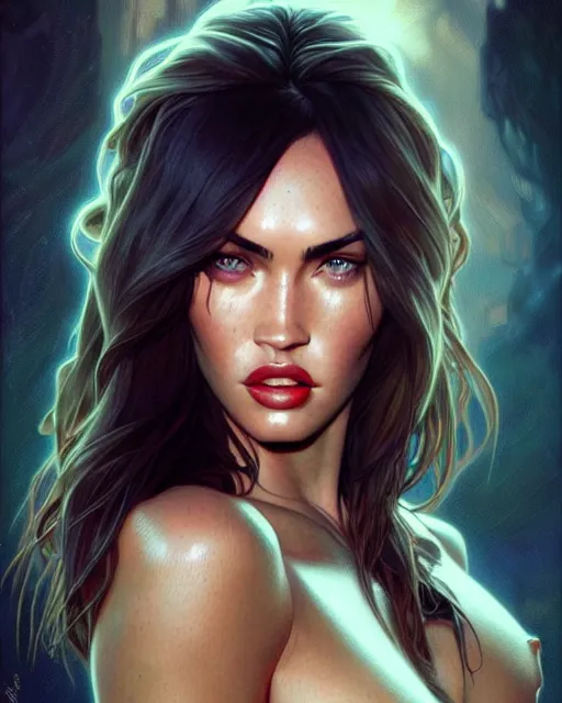 Prompt: portrait of megan fox with sultry face expression, glowing eyes, intricate, headshot, highly detailed, digital painting, artstation, concept art, sharp focus, cinematic lighting, illustration, art by artgerm and greg rutkowski, alphonse mucha, cgsociety