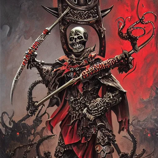 Image similar to skeleton holding a medieval shield and spear, d & d, surrounded by red evil death tentacles, hyper detailed, hyper realistic, dark atmosphere, full body, full frame, art by frank frazetta