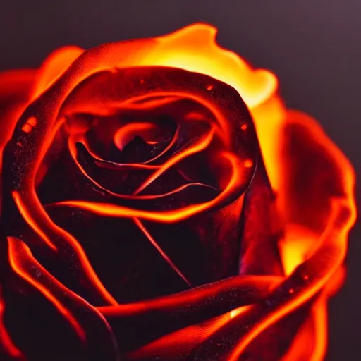 Image similar to award - winning macro of a beautiful black rose made of glowing molten magma