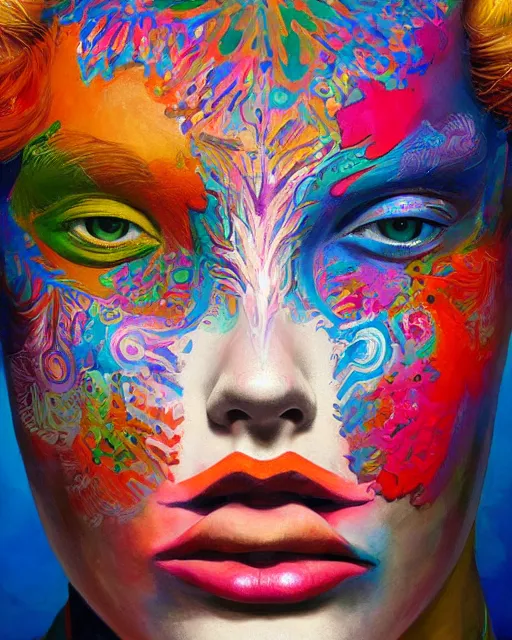 Image similar to a beautiful girl wearing colourful face paint surrounded by bright intricate patterns, painted by edward hopper, wayne barlowe, painted by james gilleard, airbrush, art by jamesjean