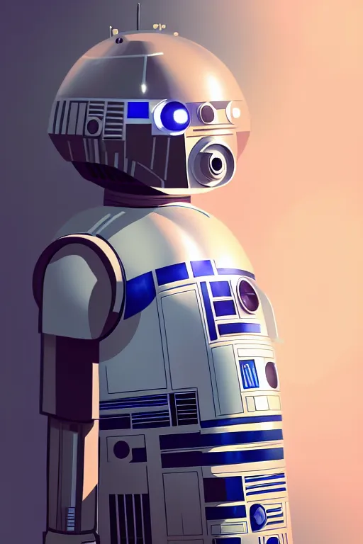 Image similar to a portrait of android girl as r 2 d 2 droid, humanization, humanized, grim - lighting, high - contrast, intricate, elegant, highly detailed, digital painting, artstation, concept art, smooth, sharp focus, illustration