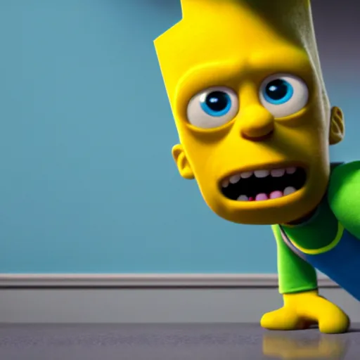 Prompt: film still of Bart Simpson in Monster Inc from Pixar, uncropped, centered, octane render, volumetric, raytracing, trending on artstation