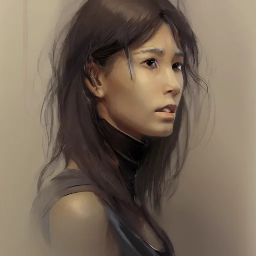 Prompt: Portrait of a woman by Greg Rutkowski, she is about 30 years old, mixture between korean, indian and arabian, pretty, black straigh hair with bangs, attractive, tall and slim, she is wearing a black tank top, highly detailed portrait, scifi, digital painting, artstation, concept art, smooth, sharp foccus ilustration, Artstation HQ