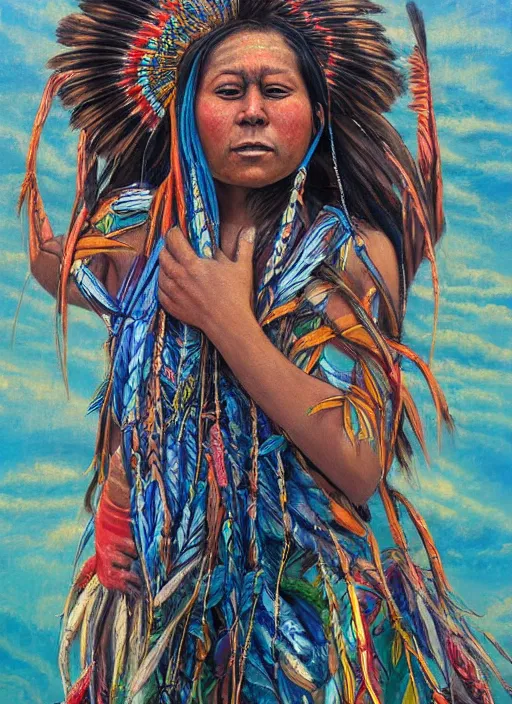 Image similar to a beautiful painting of an indigenous woman, holding up her arms to the sky, seen from behind, full body, matte painting, fantasy art, ayahuasca, highly detailed