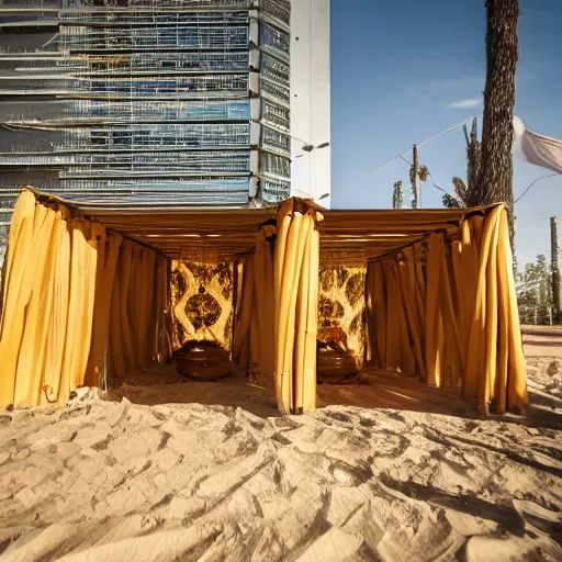 Prompt: sukkah in the style of Marvel movies, temporary shelter, architectural detail, DSLR photography