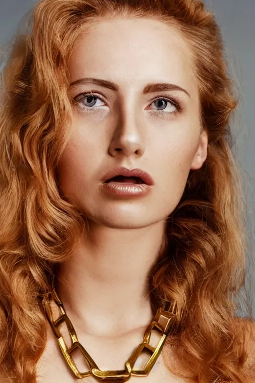 Prompt: vintage photograph of an olive skinned female model with strawberry blonde hair in her twenties, her hair pinned up, wearing a designer top and one gold standard chain necklace, looking content, focused on her neck, photo realistic, extreme detail skin, natural beauty, no filter, slr, golden hour, 4 k, high definition, selfie