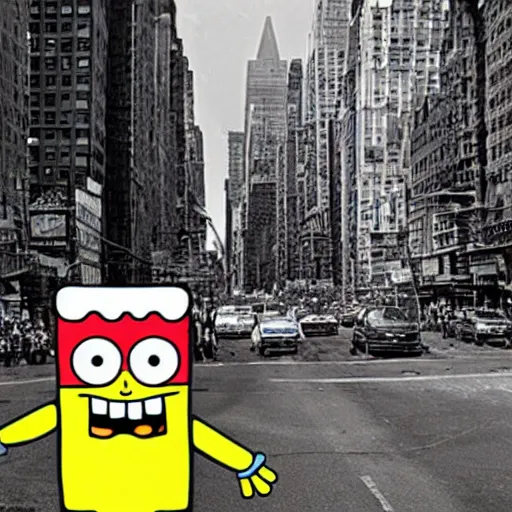 Prompt: photograph of a giant SpongeBob destroying New York City