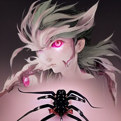 Image similar to Kumoko, a White and black patterened spider with pink eyes and spikes on it's back, CGI, anime, Kumo Desu ga Nani ka?, digital 3D drawing, sharp focus, concept-art, art by artgerm and greg rutkowski and alphonse mucha