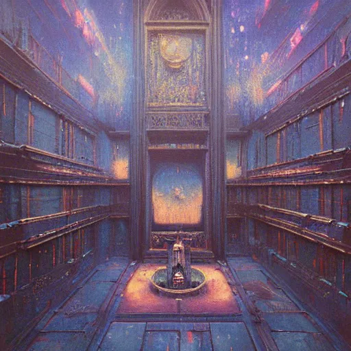 Image similar to detailed painting of bladerunner interior room with celestial ephemeral ornaments and gothic architecture, artstation, beksinski, cinematic