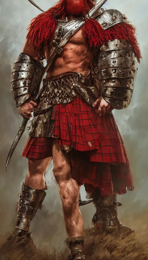 Image similar to bulky muscular scottish warrior with red hair and a kilt, tribal blood red war paintings on his chest, bronze plate armor, 4 k oil on linen by wlop, artgerm, andrei riabovitchev, nuri iyem, james gurney, james jean, greg rutkowski, highly detailed, soft lighting 8 k resolution