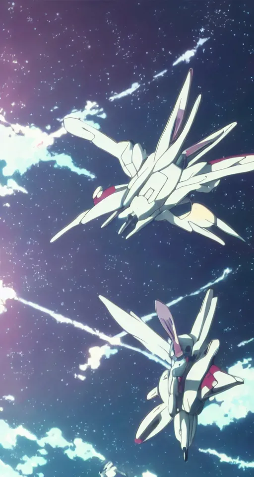 Image similar to a bunny rabbit in the science fiction anime series gundam by makoto shinkai, flying through space, cinematic, shooting star