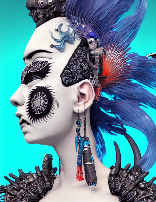 Image similar to 3 d goddess close - up profile portrait punk with mohawk with ram skull. beautiful intricately detailed japanese crow kitsune mask and clasical japanese kimono. betta fish, jellyfish phoenix, bio luminescent, plasma, ice, water, wind, creature, artwork by tooth wu and wlop and beeple and greg rutkowski