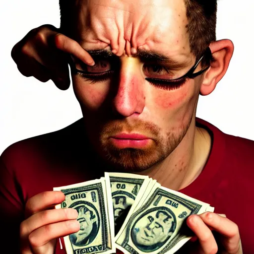 Prompt: portrait of a broken man eating money, wax figure