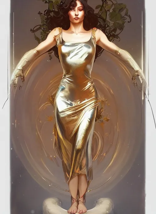 Image similar to a woman made of shining metal, beautiful high quality realistic fantasy art, trending on artstation by artgerm and greg rutkowski and alphonse mucha