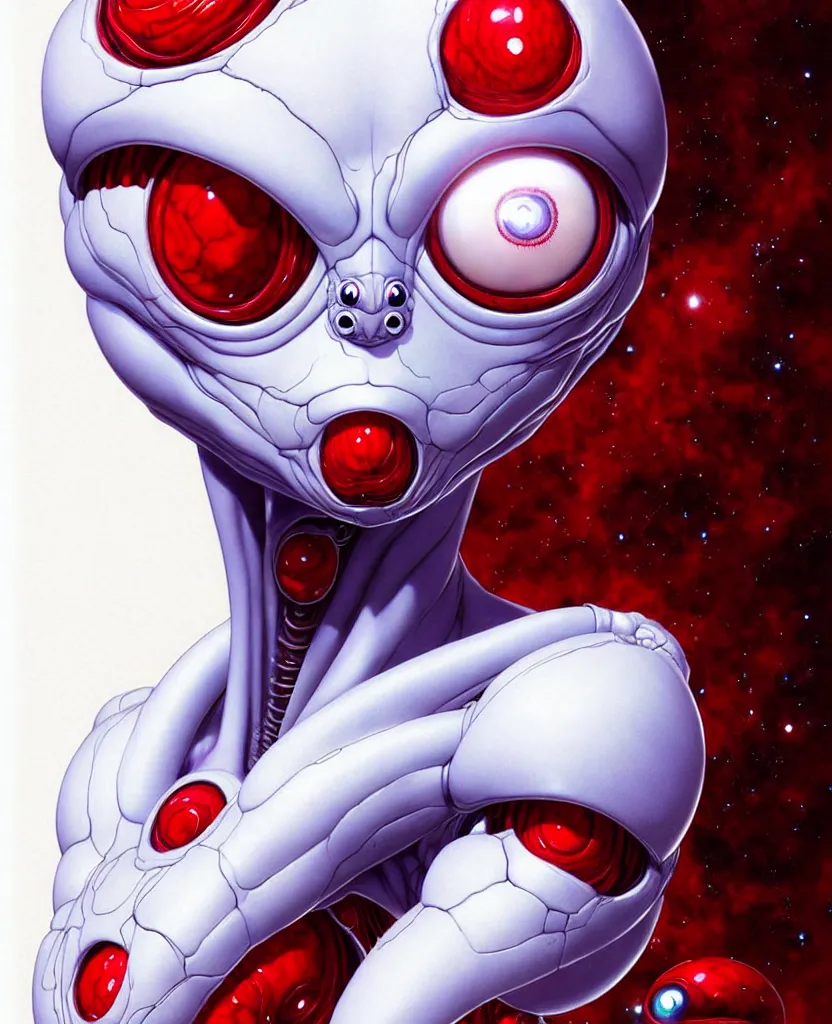 Image similar to an alien with 4 eyes and a white and red body, digital art, trending on artstation, symmetric, hyperrealistic, by yoshitaka amano, by yukito kishiro, by yoshiyuki sadamoto