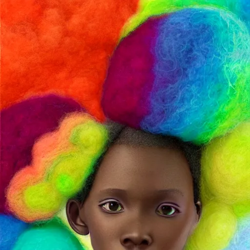 Prompt: a black girl with a colorful afro and rainbow eyes dressed like an astronaut, bright colours, watercolor, volumetric wool felting, macro photography, children illustration, by goro fujita