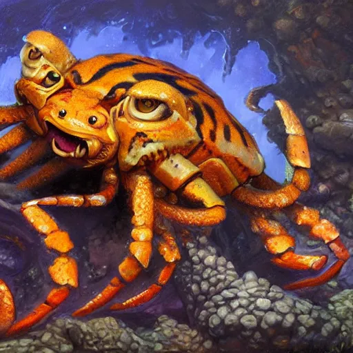 Prompt: tiger - crab creature, oil painting by justin gerard, deviantart