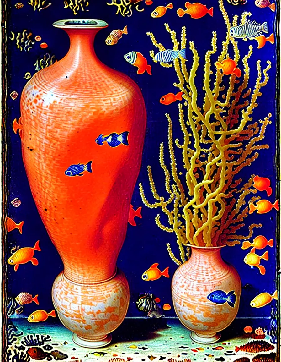 Image similar to bottle vase of coral under the sea decorated with a dense field of stylized scrolls that have opaque outlines enclosing mottled blue washes, with orange shells and purple fishes, ambrosius bosschaert the elder, oil on canvas, surrealism