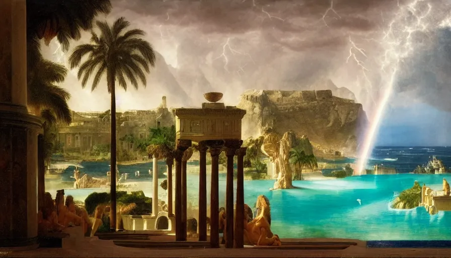 Image similar to From Inside the giant Palace, mediterranean balustrade and columns, refracted line and sparkles, thunderstorm, greek pool, beach and Tropical vegetation on the background major arcana sky and occult symbols, by paul delaroche, hyperrealistic 4k uhd, award-winning, very detailed paradise