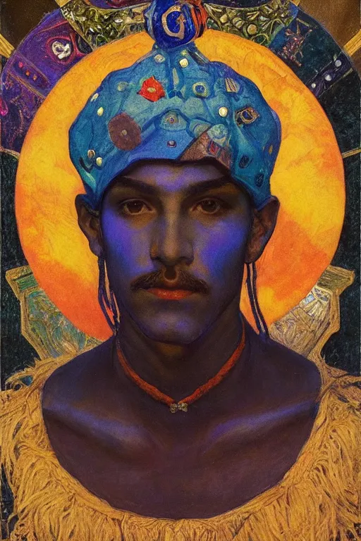 Prompt: prince of dawn with stars in his hair, by Annie Swynnerton, and Nicholas Roerich and Tino Rodriguez and Diego Rivera , elaborate headdress and embroidered velvet, iridescent beetles, rich color, dramatic cinematic lighting, extremely detailed