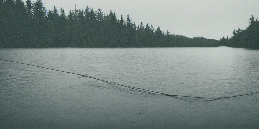 Prompt: symmetrical photograph of a very long rope on the surface of the water, the rope is snaking from the foreground stretching out towards the center of the lake, a dark lake on a cloudy day, trees in the background, moody scene, dreamy kodak color stock, anamorphic lens