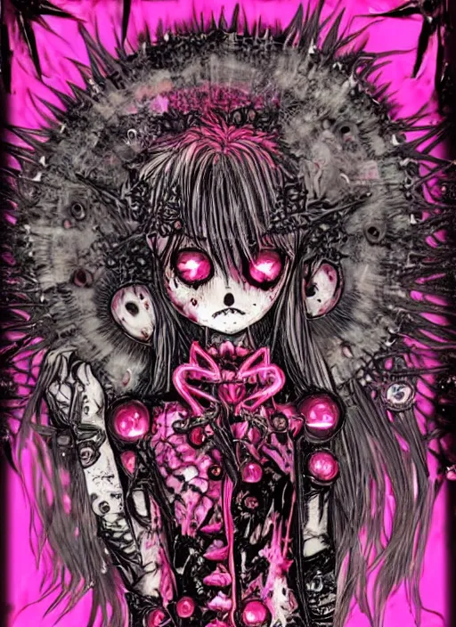 Image similar to spiked bloodmoon goregrind sigil stars draincore, baroque bedazzled gothic royalty frames surrounding a hellfire hexed witchcore aesthetic, dark vhs broken hearts, neon glyphs spiked pixelsort fairy kei decora doll by guro manga artist Shintaro Kago